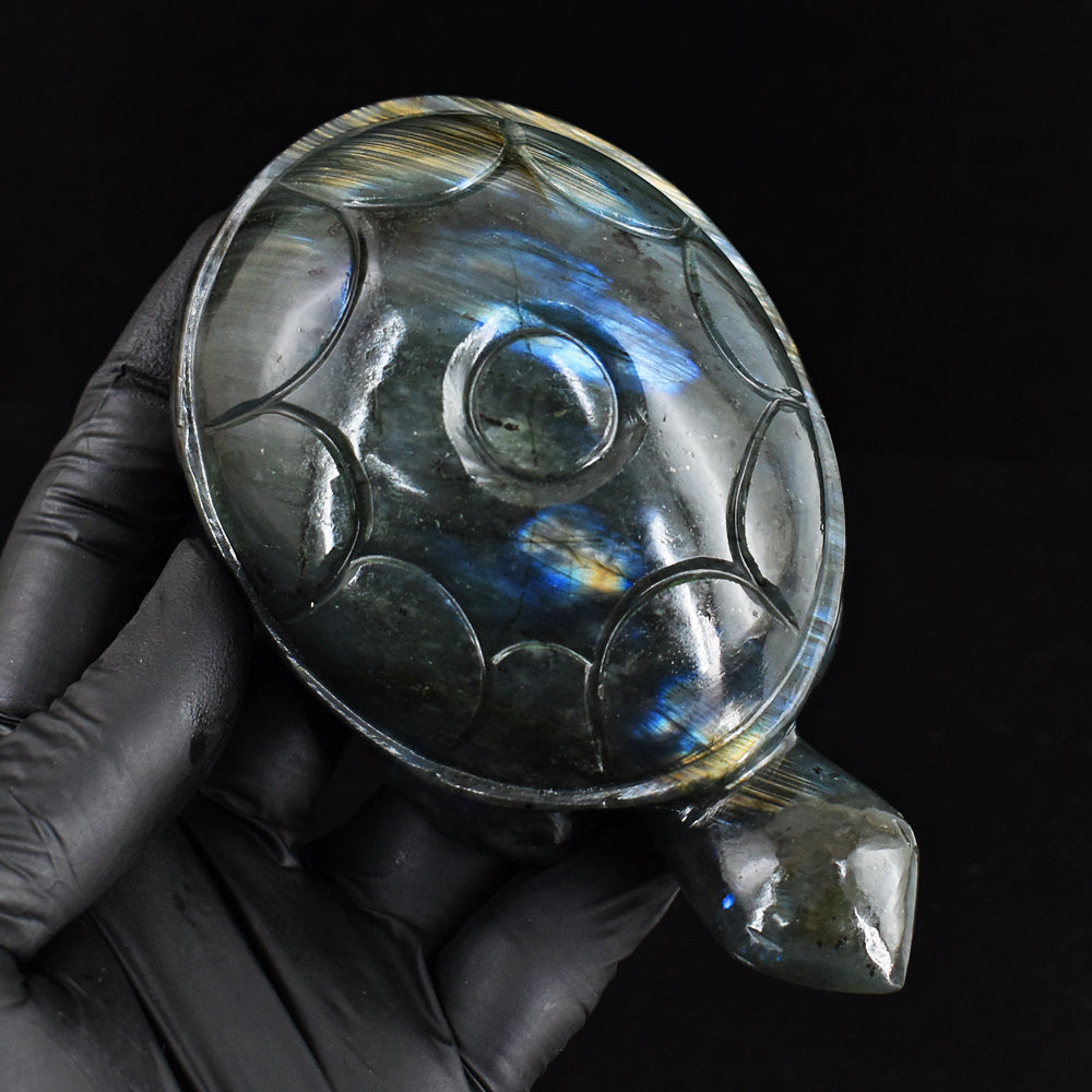 Exclusive 1770.00 Cts Genuine Golden & Blue Flash Labradorite Hand Carved Gemstone Turtle Carving