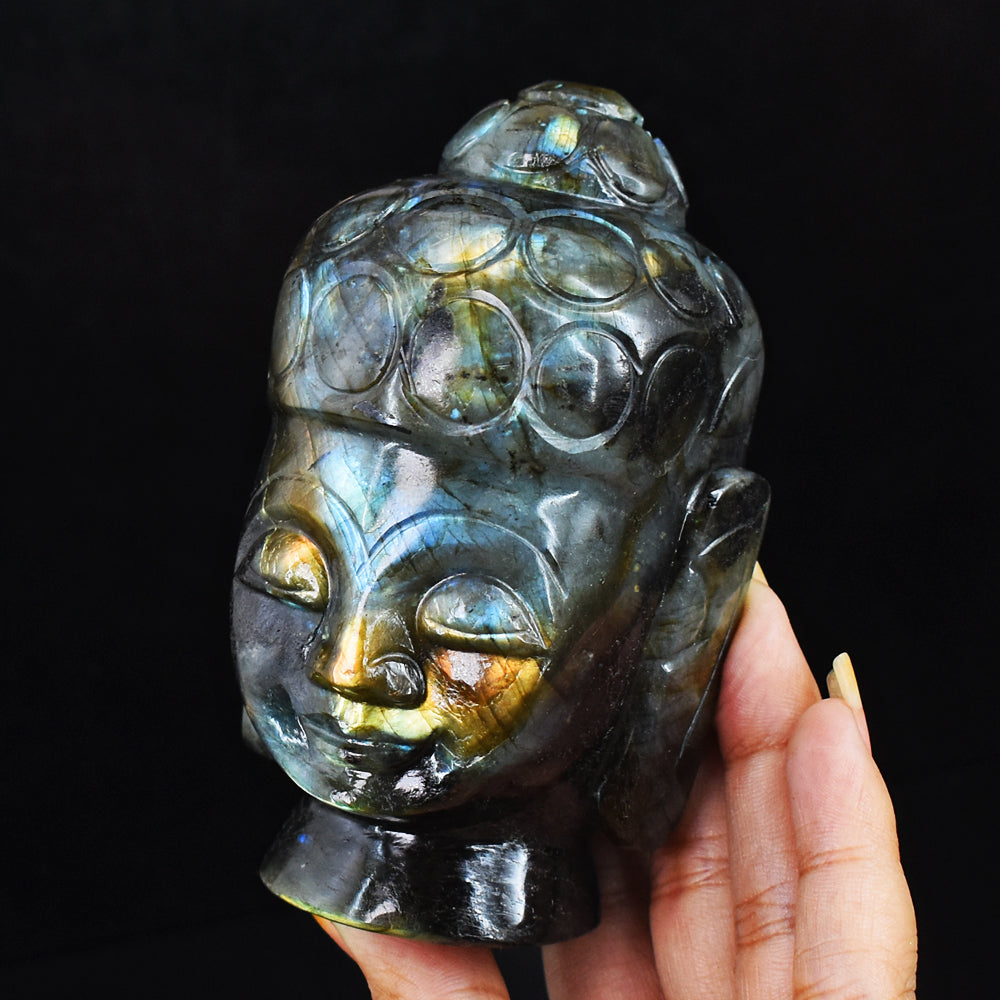 Craftsmen 2447.00 Cts Genuine Amazing Flash Labradorite Hand Carved Buddha Head Gemstone Carving