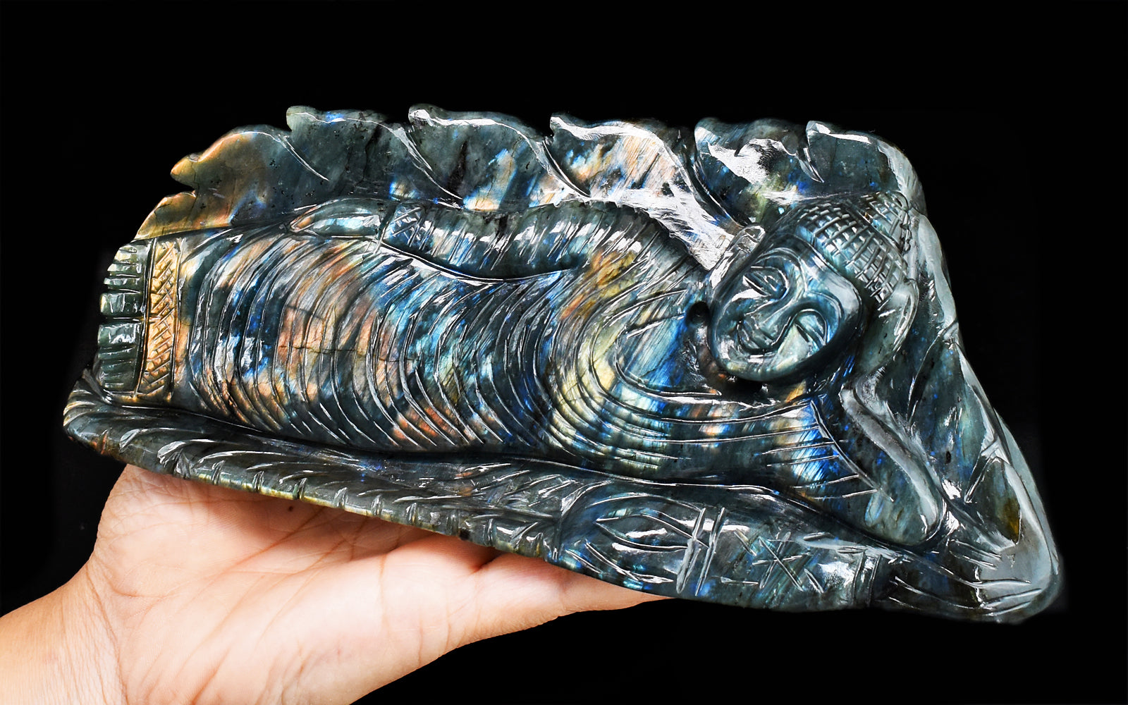 Stunning 7155.00 Cts Genuine Pink & Blue Flash Labradorite Hand Carved Crystal Sleeping Lord Buddha Carving