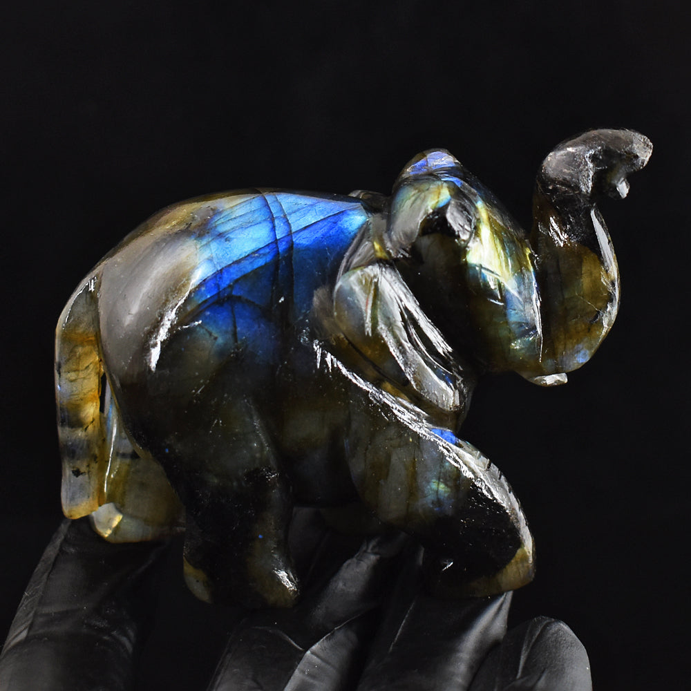 Genuine 960.00 Cts  Blue Flash Labradorite Hand Carved Gemstone Crystal  Elephant Carving