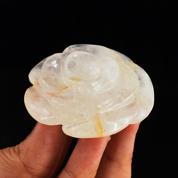 Natural  309.00 Cts Genuine White  Quartz Hand  Carved Crystal  Rose  Flower  Carving  Gemstone