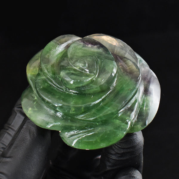 Exclusive 360.00 Cts Genuine Multicolor Fluorite Carved Crystal Gemstone Rose Carving