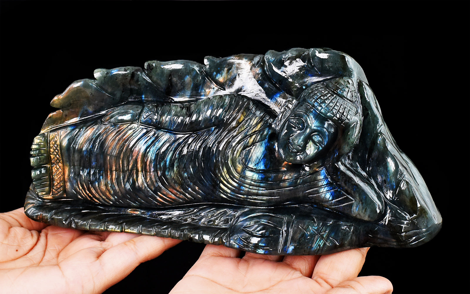 Stunning 7155.00 Cts Genuine Pink & Blue Flash Labradorite Hand Carved Crystal Sleeping Lord Buddha Carving