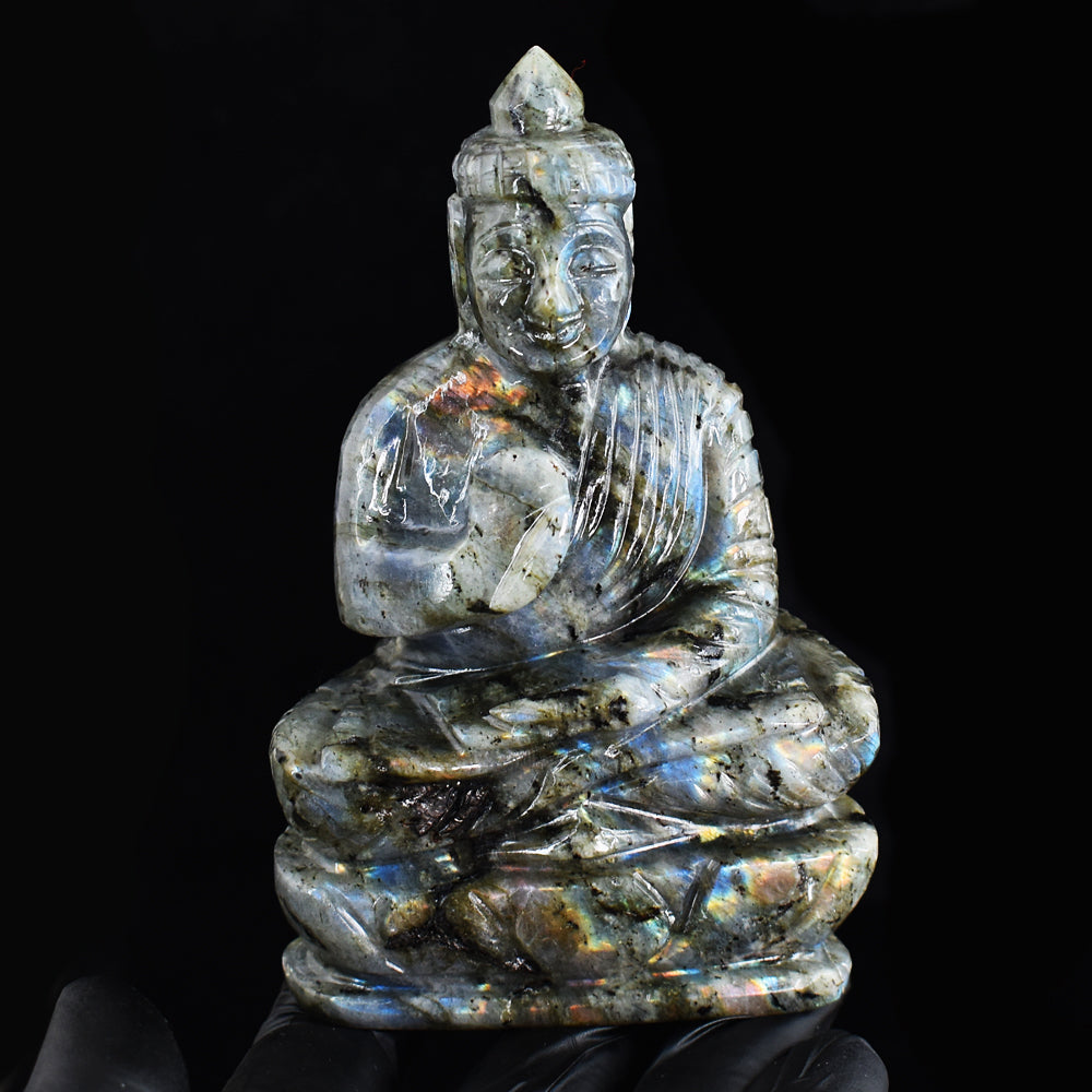 Awesome 1635.00 Cts Genuine Flashy Labradorite Hand Carved Crystal Buddha Gemstone Carving