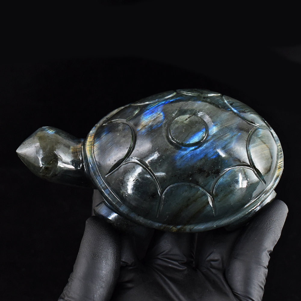 Exclusive 1770.00 Cts Genuine Golden & Blue Flash Labradorite Hand Carved Gemstone Turtle Carving