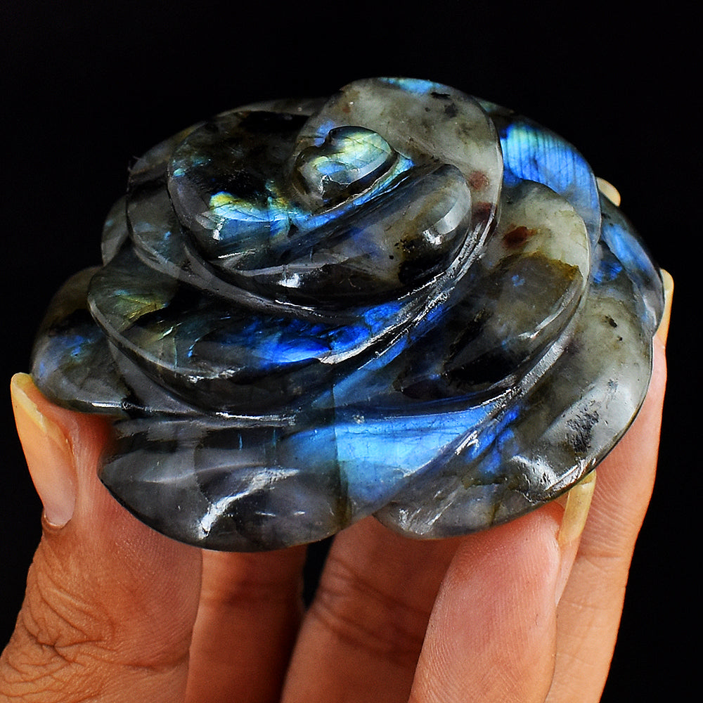 Awesome  440.00 Carats  Genuine  Amazing  Flash  Labradorite Hand  Carved  Crystal  Rose Gemstone  Carving