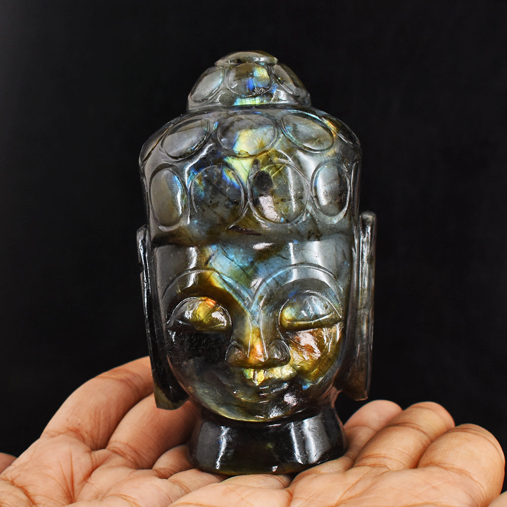 Craftsmen 2447.00 Cts Genuine Amazing Flash Labradorite Hand Carved Buddha Head Gemstone Carving