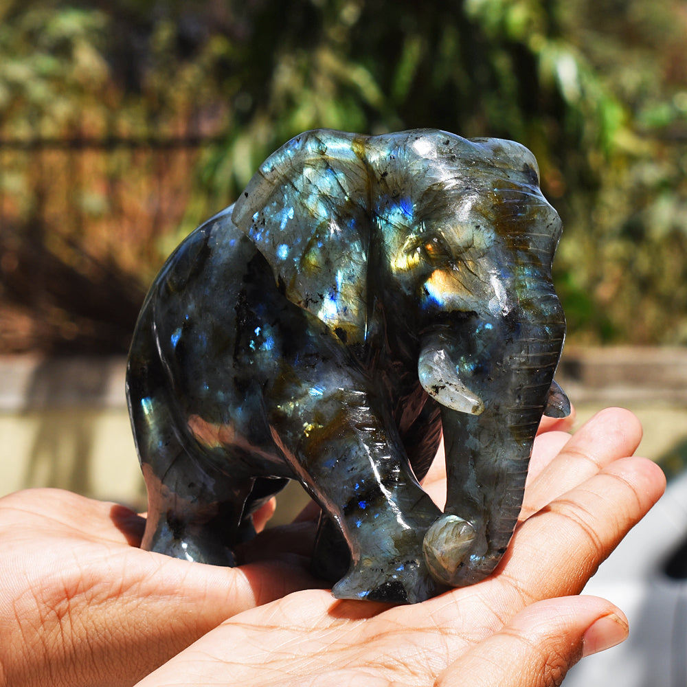 Stunning 4238.00 Cts Genuine Amazing Flash Labradorite Hand Carved Crystal Gemstone Elephant Carving