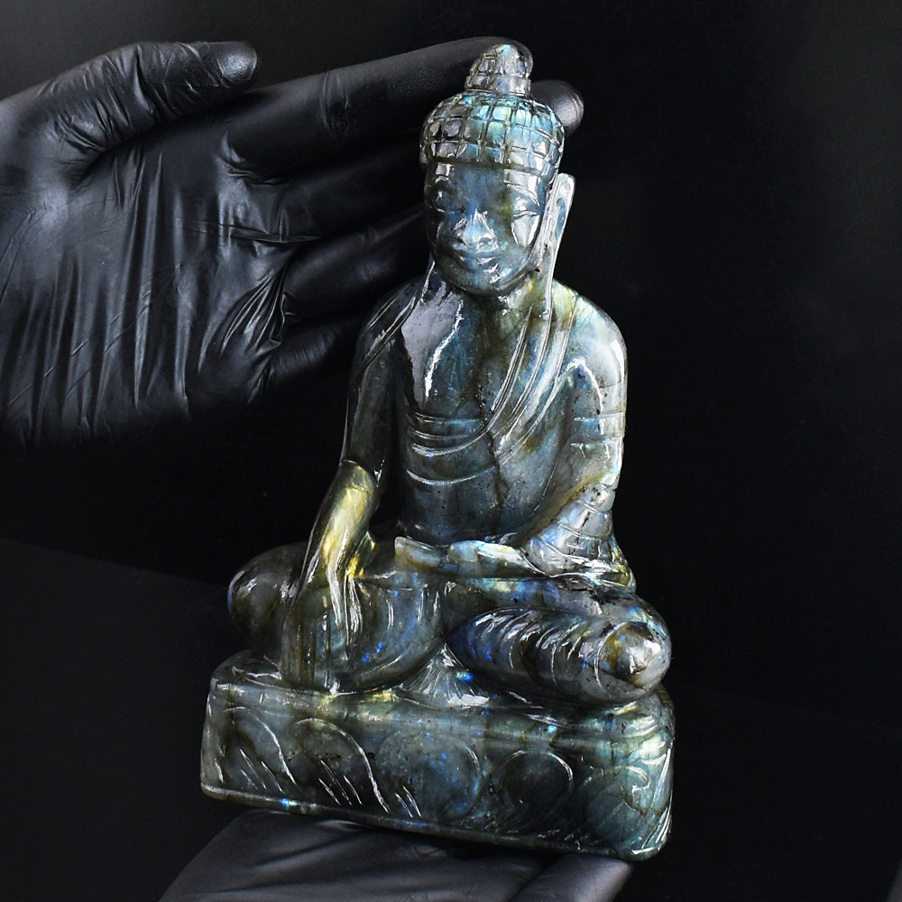 Stunning 5797.00 Cts Genuine Golden & Blue Flash Labradorite Carved Buddha Statue Gemstone Carving