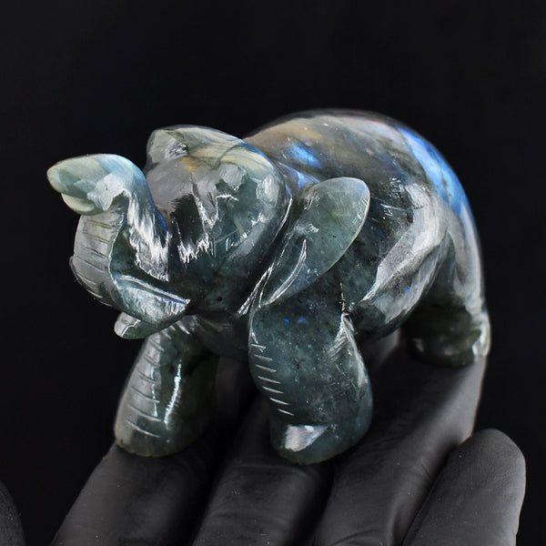 Beautiful 911.00 Cts Genuine Blue Flash Labradorite Hand Carved Gemstone Crystal Elephant Carving