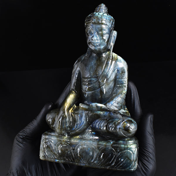 Stunning 5797.00 Cts Genuine Golden & Blue Flash Labradorite Carved Buddha Statue Gemstone Carving