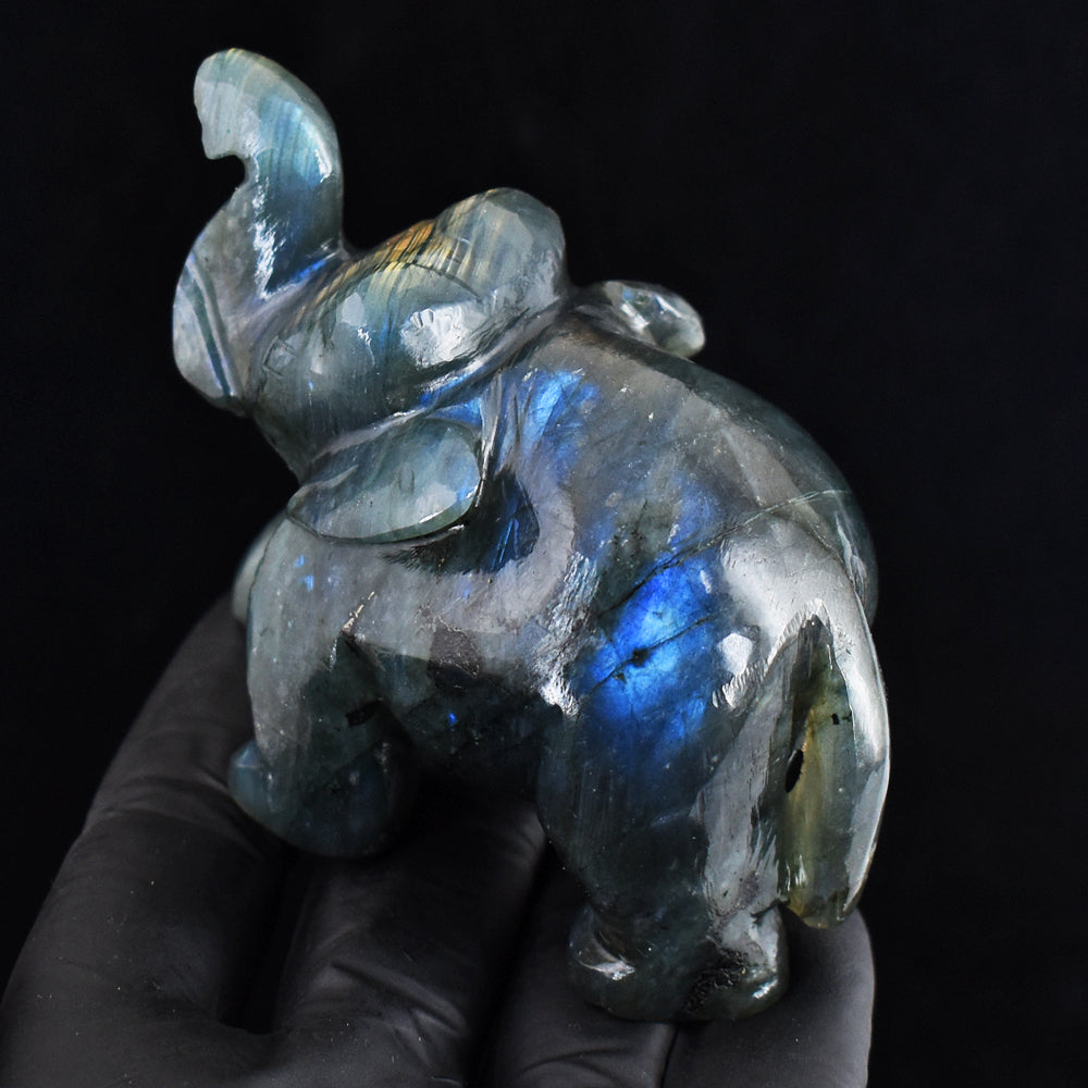 Beautiful 911.00 Cts Genuine Blue Flash Labradorite Hand Carved Gemstone Crystal Elephant Carving