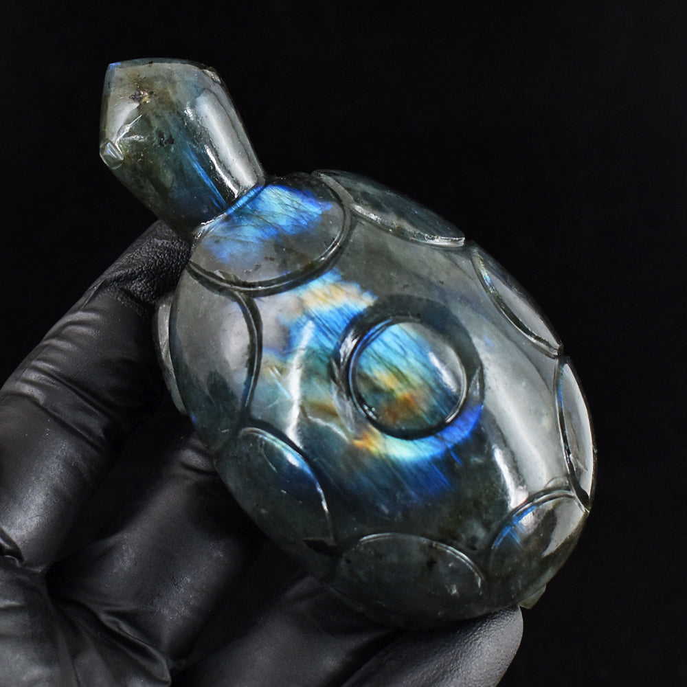 Genuine 724.00 Cts Natural Blue & Golden Flash Labradorite Hand Carved Crystal Gemstone Turtle Carving