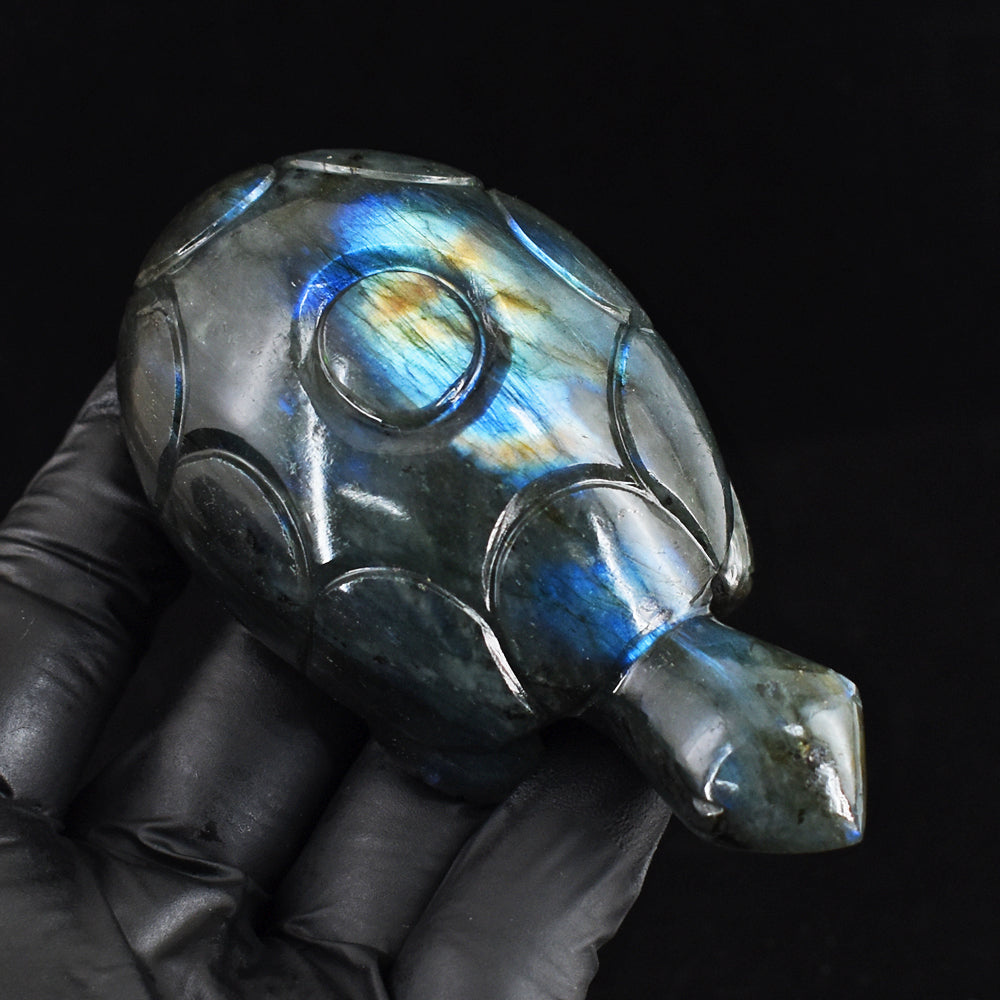 Genuine 724.00 Cts Natural Blue & Golden Flash Labradorite Hand Carved Crystal Gemstone Turtle Carving