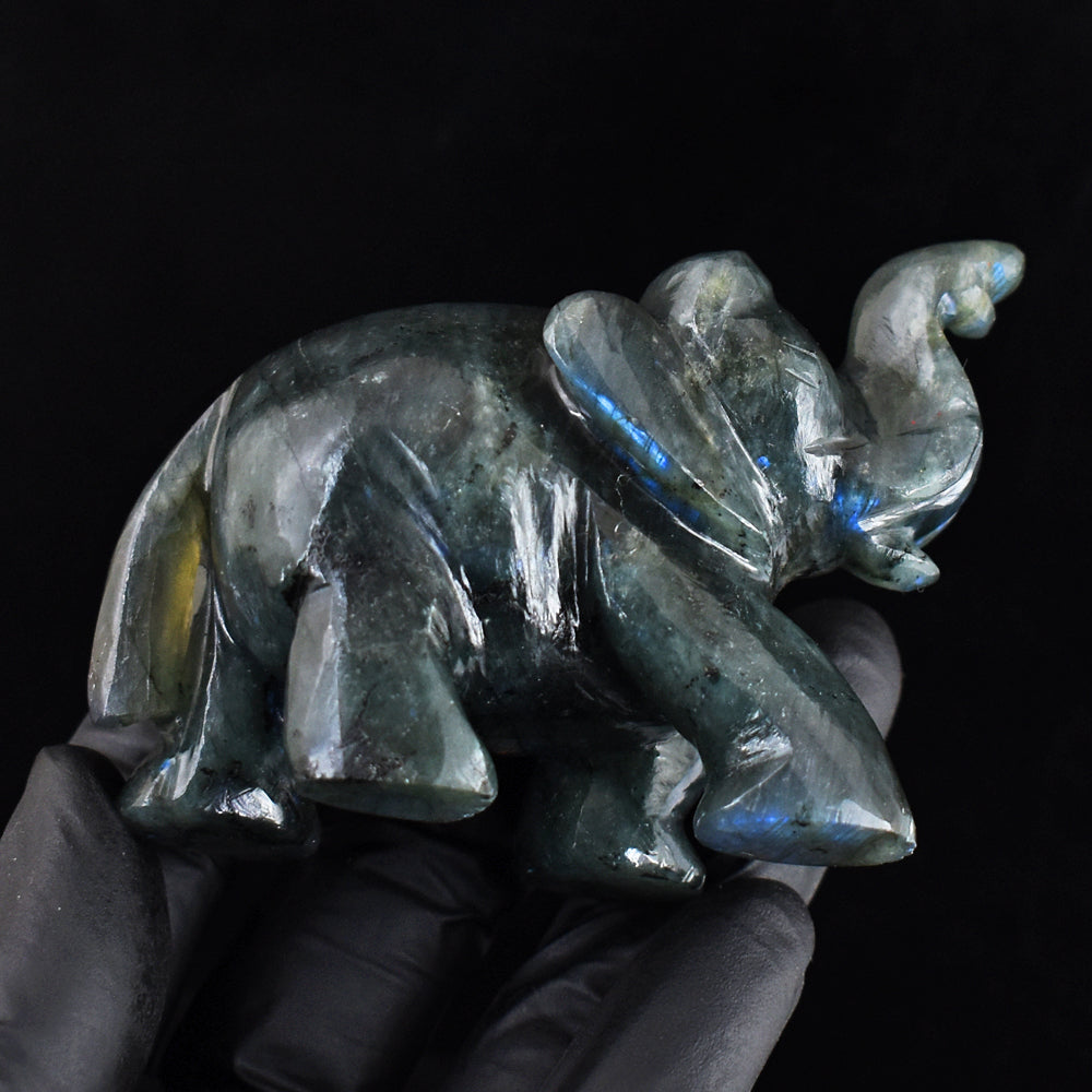 Beautiful 911.00 Cts Genuine Blue Flash Labradorite Hand Carved Gemstone Crystal Elephant Carving