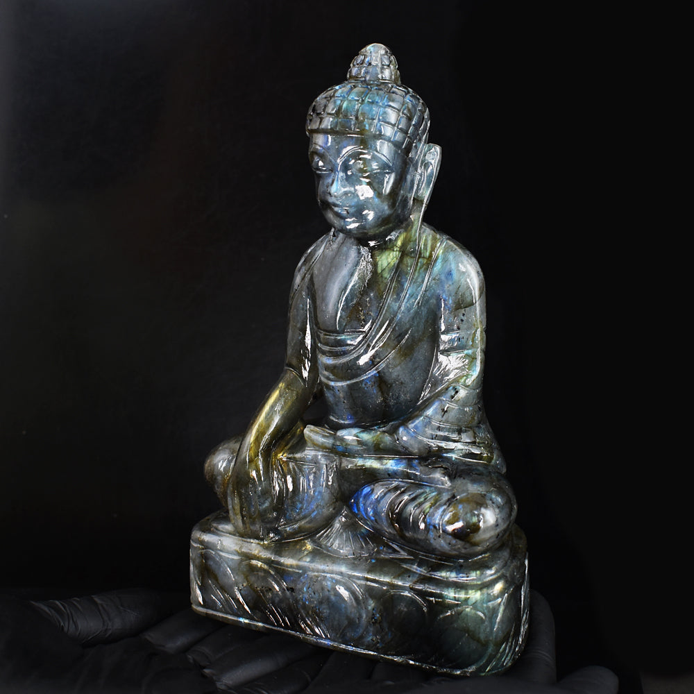 Stunning 5797.00 Cts Genuine Golden & Blue Flash Labradorite Carved Buddha Statue Gemstone Carving