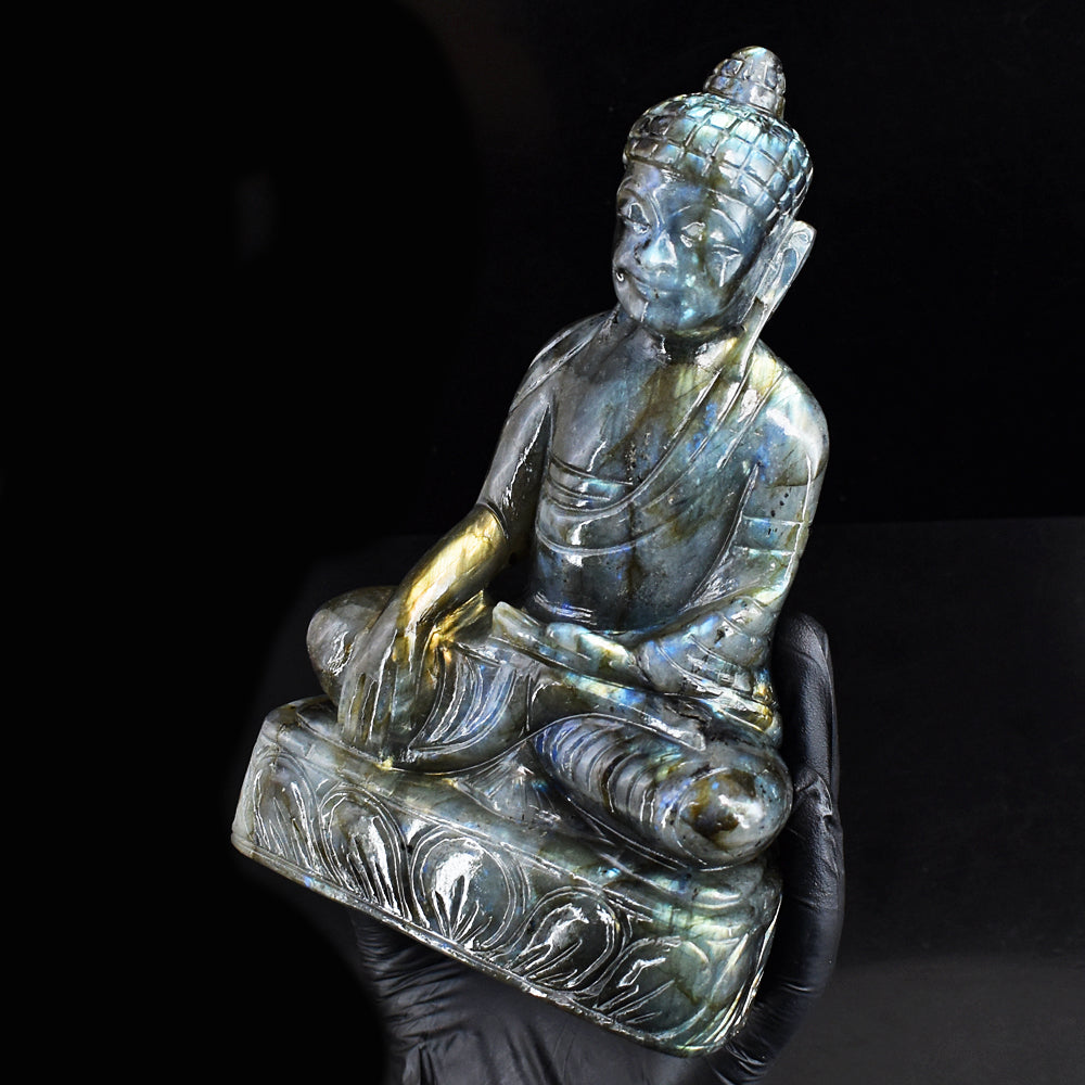 Stunning 5797.00 Cts Genuine Golden & Blue Flash Labradorite Carved Buddha Statue Gemstone Carving