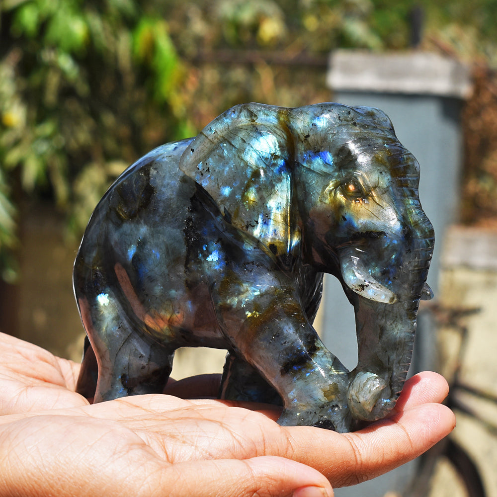 Stunning 4238.00 Cts Genuine Amazing Flash Labradorite Hand Carved Crystal Gemstone Elephant Carving