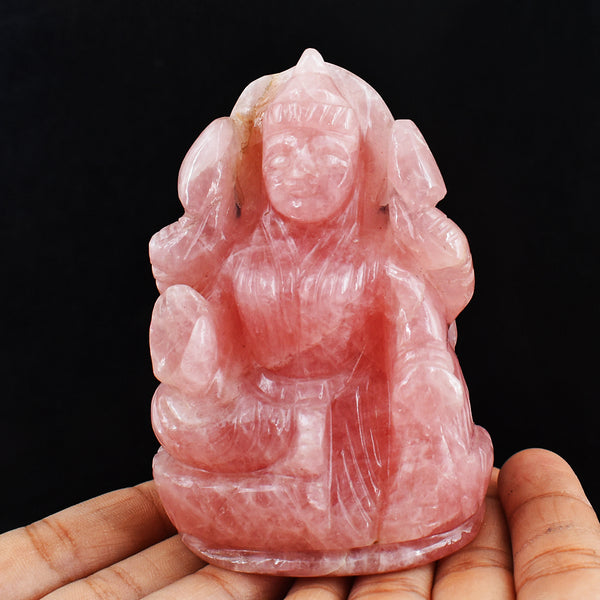 Natural 1447.00 Cts Genuine Pink Rose Quartz Hand Carved Crystal Goddess Laxmi Statue Gemstone Carving