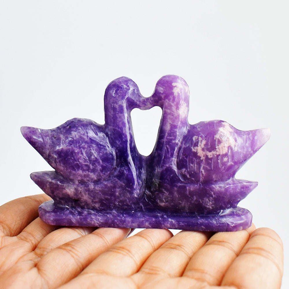 Awesome 793.00 Carats  Genuine Lepidolite Hand Carved Crystal Swan Pair Gemstone Carving