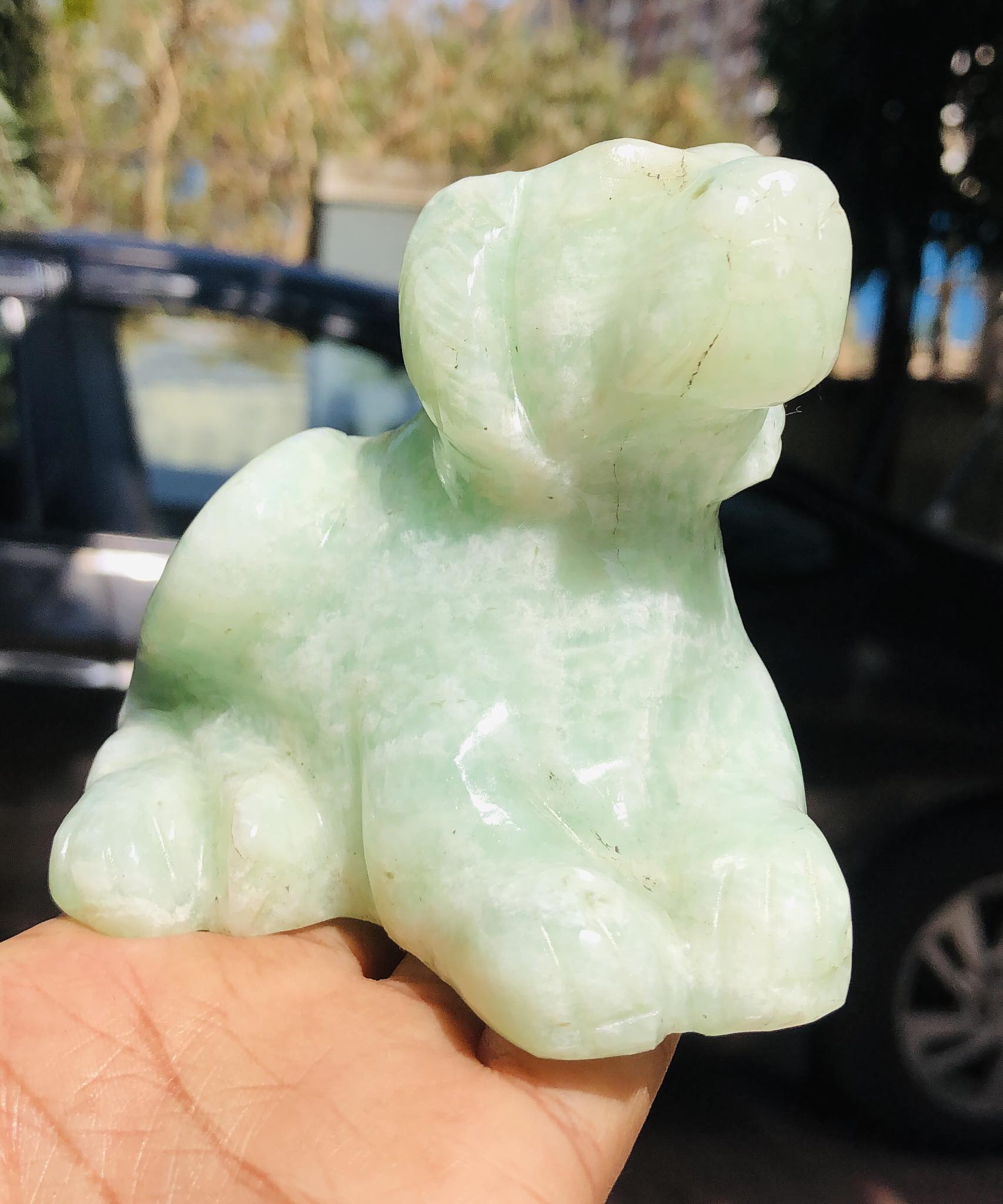 Awesome 2100.00 Cts Genuine Amazonite Hand Carved Gemstone Crystal Dog Carving