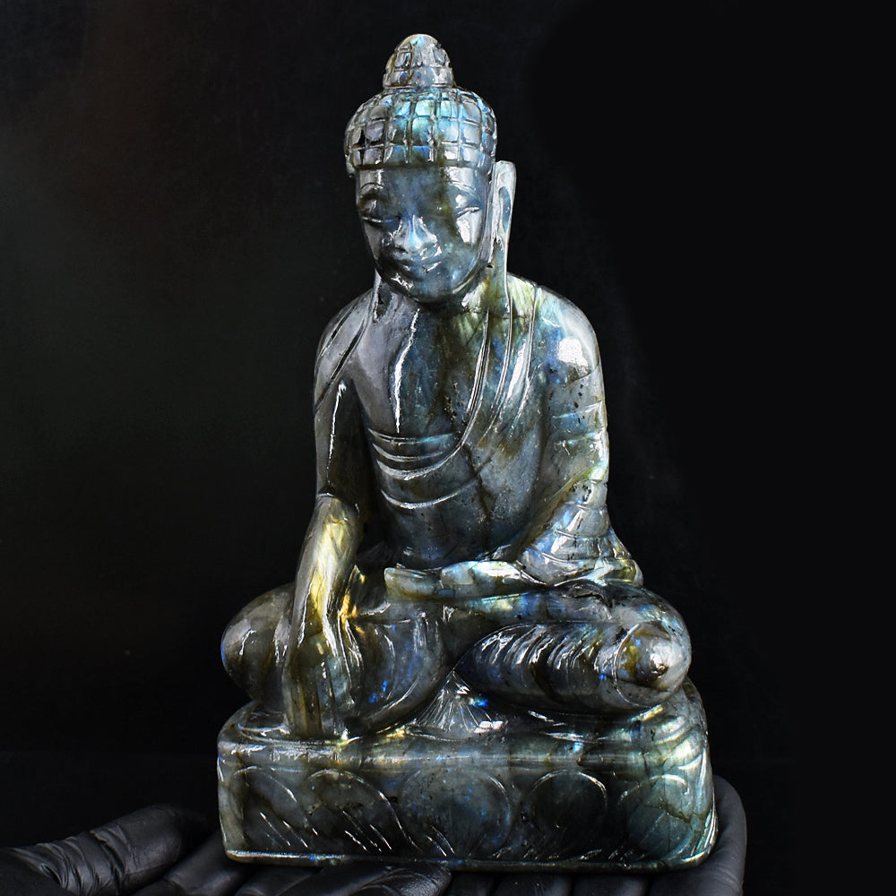 Stunning 5797.00 Cts Genuine Golden & Blue Flash Labradorite Carved Buddha Statue Gemstone Carving