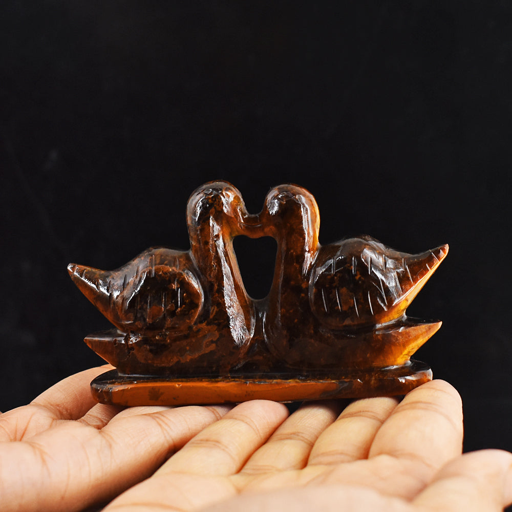 Natural  632.00 Carats  Genuine Tiger Eye Hand Carved Genuine Crystal Swan Pair Carving