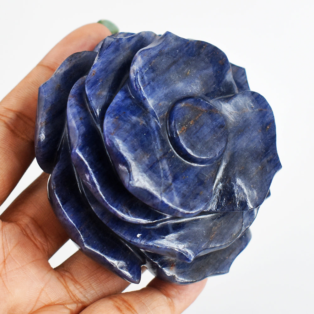 Amazing 1233.00  Carats  Genuine  Hand  Carved  Blue  Iolite  Flower  Rose  Gemstone  Carving