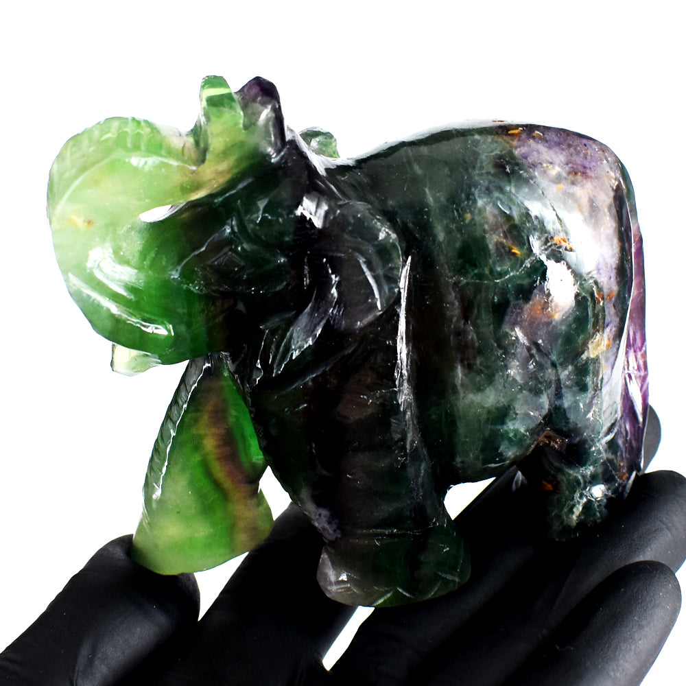 Exclusive 2144.00 Cts Genuine Multicolor Fluorite Hand  Carved Gemstone Elephant Crystal Carving