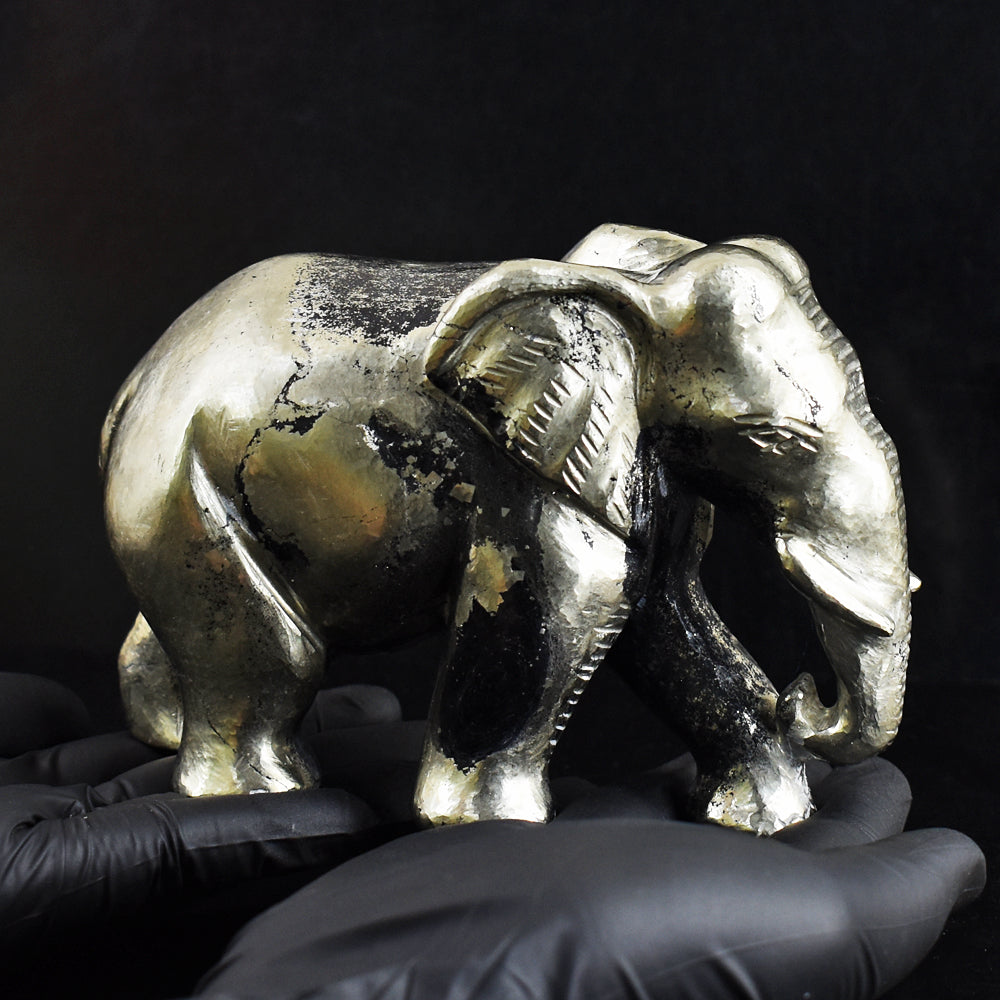 Genuine 6580.00 Cts Golden Pyrite Hand Carved Crystal Elephant Gemstone Carving