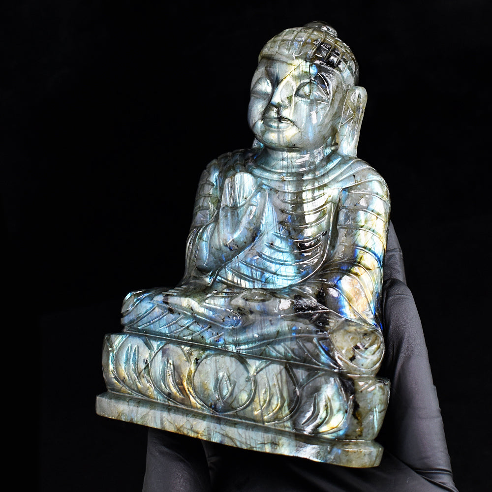 Amazing 2485.00 Cts Genuine Blue & Golden Flash Labradorite Hand Carved Buddha Gemstone Carving