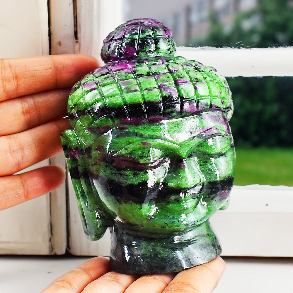 Amazing  4033.00 Carats  Genuine Ruby Zoisite Hand Carved Crystal Gemstone Buddha Head Carving