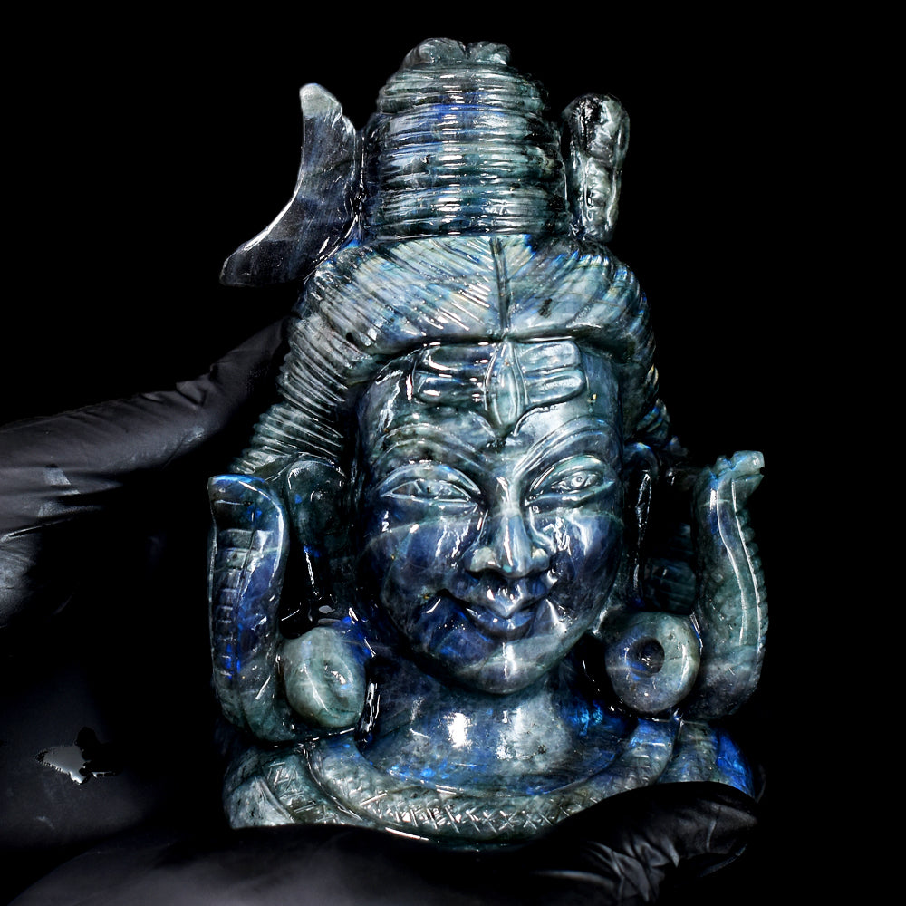 Gorgeous 5860.00 Cts Genuine Blue Flash Labradorite Hand Carved Crystal Gemstone Shiva Head Carving