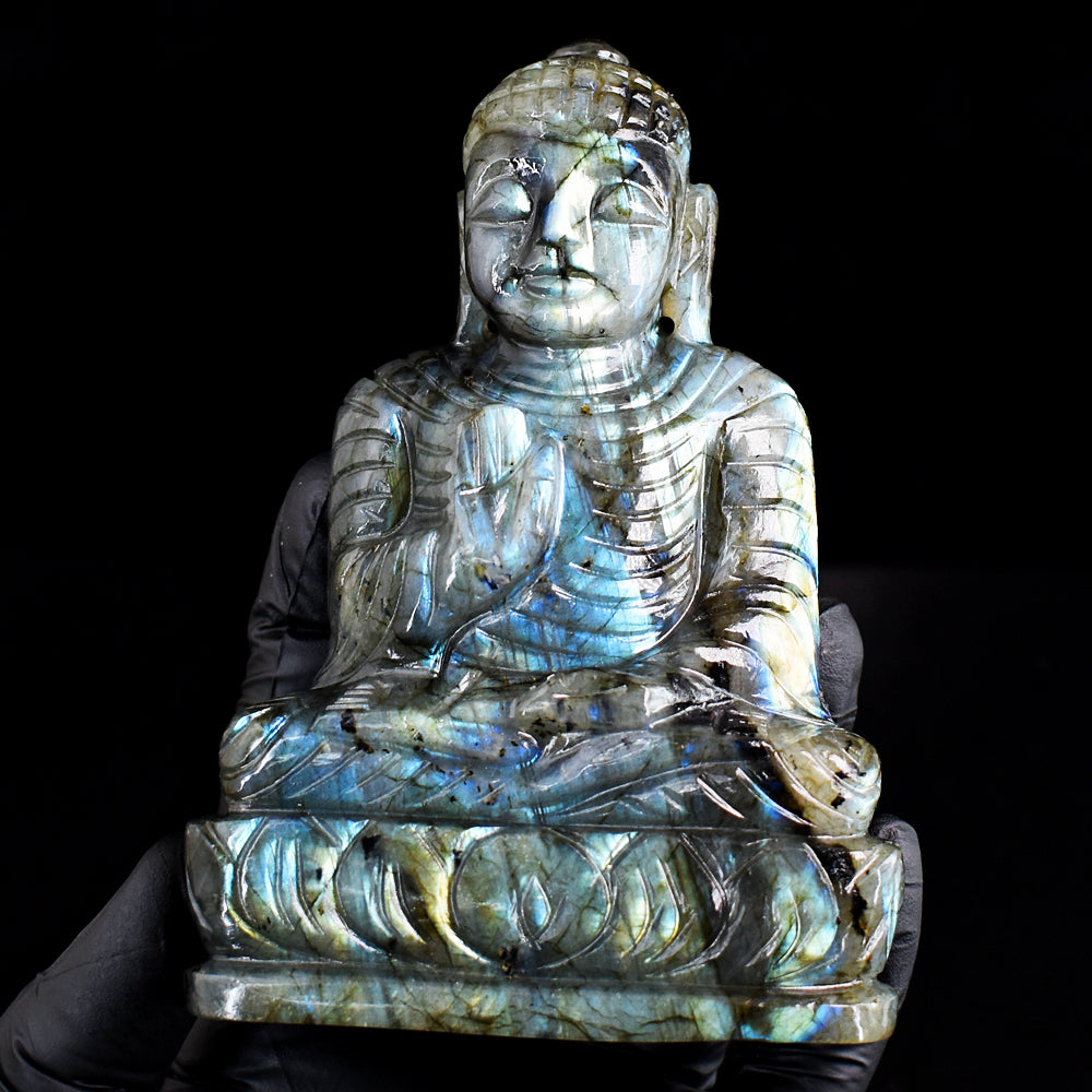 Amazing 2485.00 Cts Genuine Blue & Golden Flash Labradorite Hand Carved Buddha Gemstone Carving