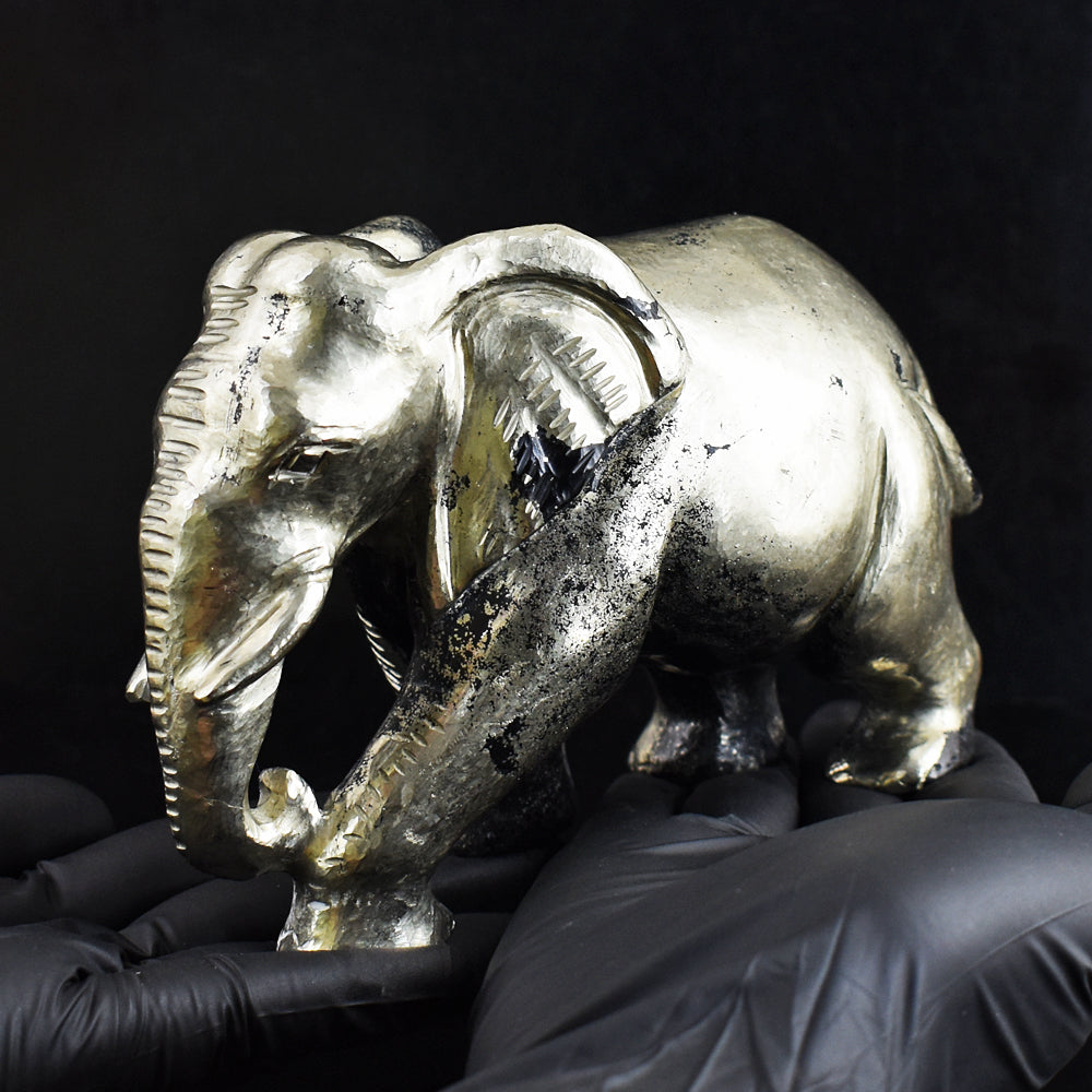 Genuine 6580.00 Cts Golden Pyrite Hand Carved Crystal Elephant Gemstone Carving