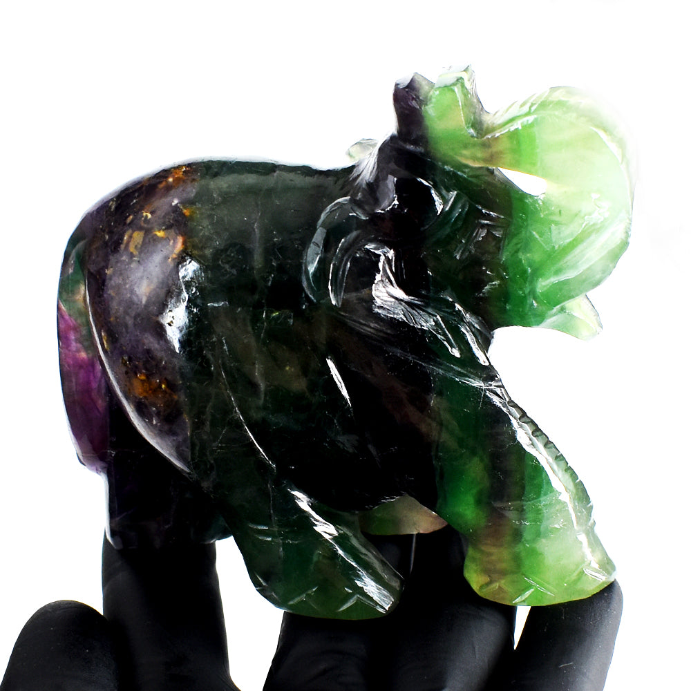 Exclusive 2144.00 Cts Genuine Multicolor Fluorite Hand  Carved Gemstone Elephant Crystal Carving