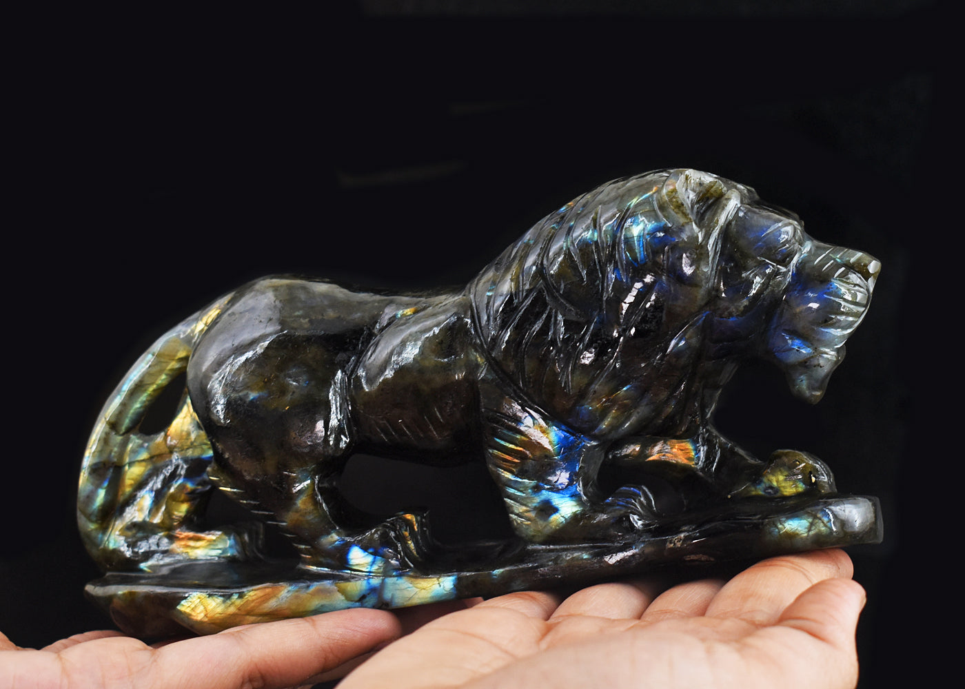 Golden & Blue Flash Labradorite 4963.00 Cts Genuine Hand Carved  Crystal Gemstone Lion Carving