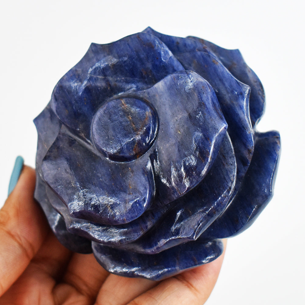 Amazing 1233.00  Carats  Genuine  Hand  Carved  Blue  Iolite  Flower  Rose  Gemstone  Carving