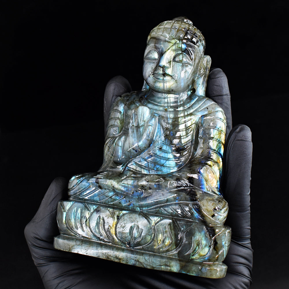 Amazing 2485.00 Cts Genuine Blue & Golden Flash Labradorite Hand Carved Buddha Gemstone Carving