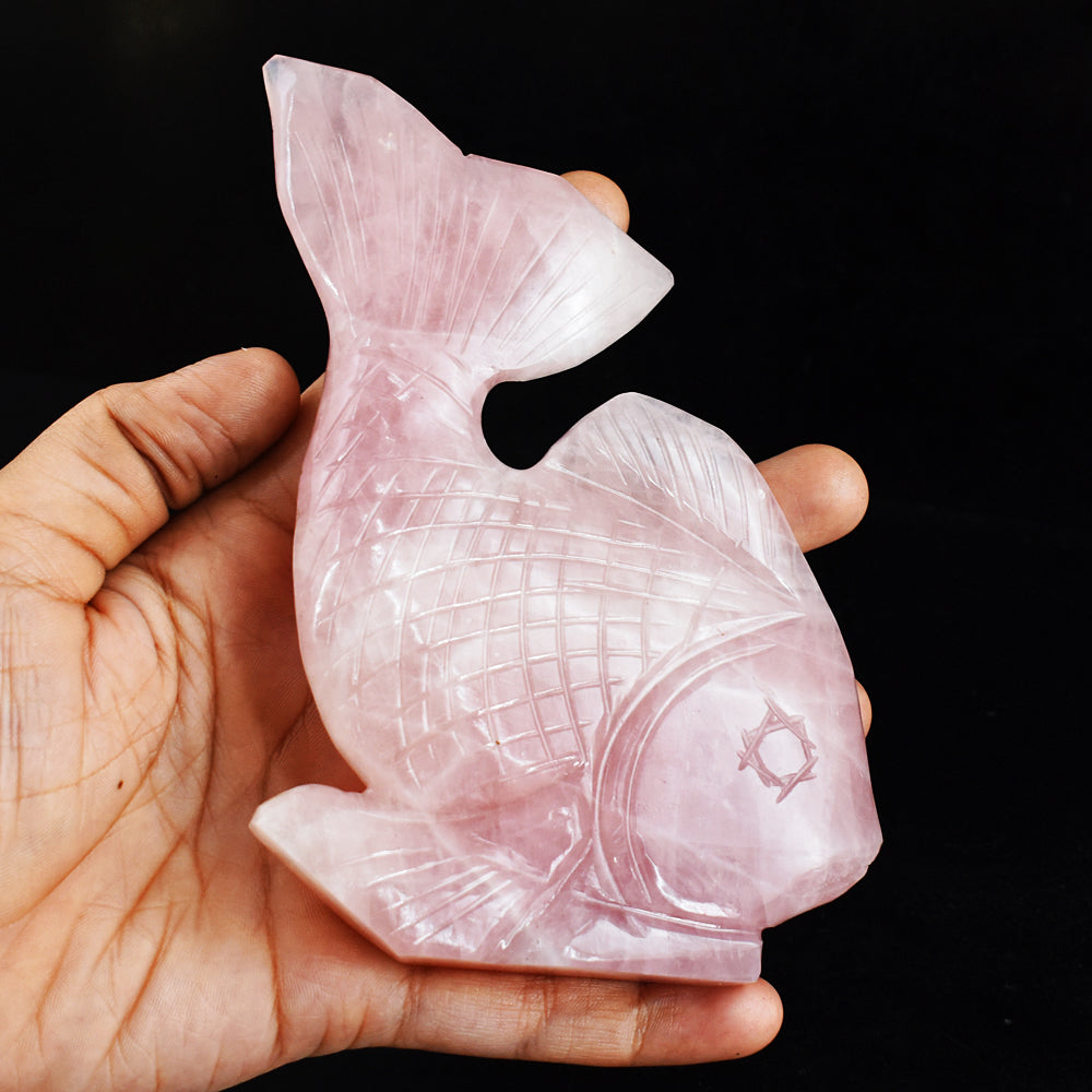 Natural 1511.00 Cts  Genuine Pink Rose Quartz Hand Carved Crystal Gemstone Fish Carving