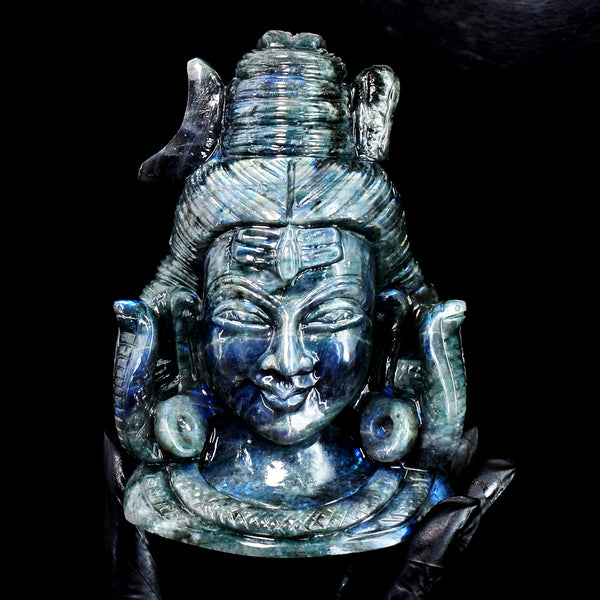 Gorgeous 5860.00 Cts Genuine Blue Flash Labradorite Hand Carved Crystal Gemstone Shiva Head Carving