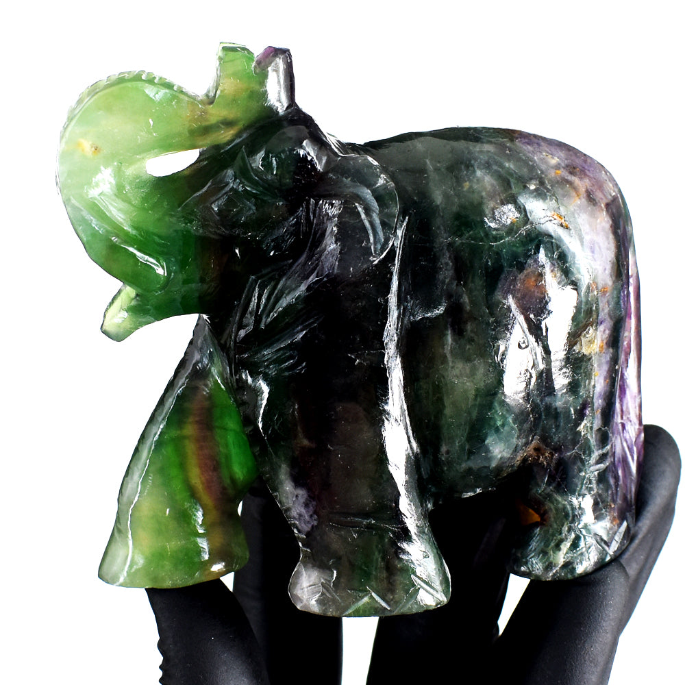 Exclusive 2144.00 Cts Genuine Multicolor Fluorite Hand  Carved Gemstone Elephant Crystal Carving