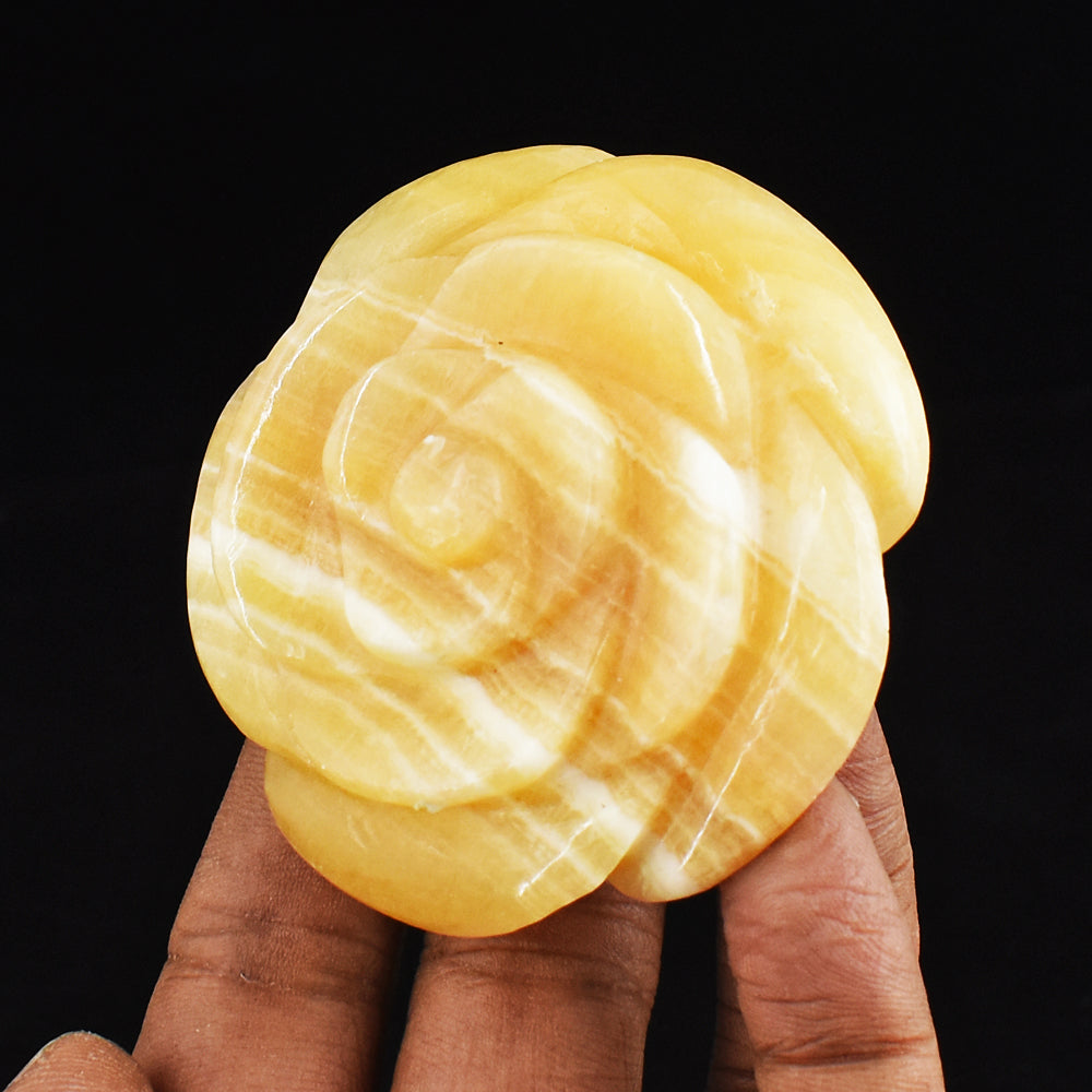 Stunning  487.00 Cts Genuine Yellow Rhodochrosite  Hand  Carved  Crystal  Rose Flower Gemstone  Carving