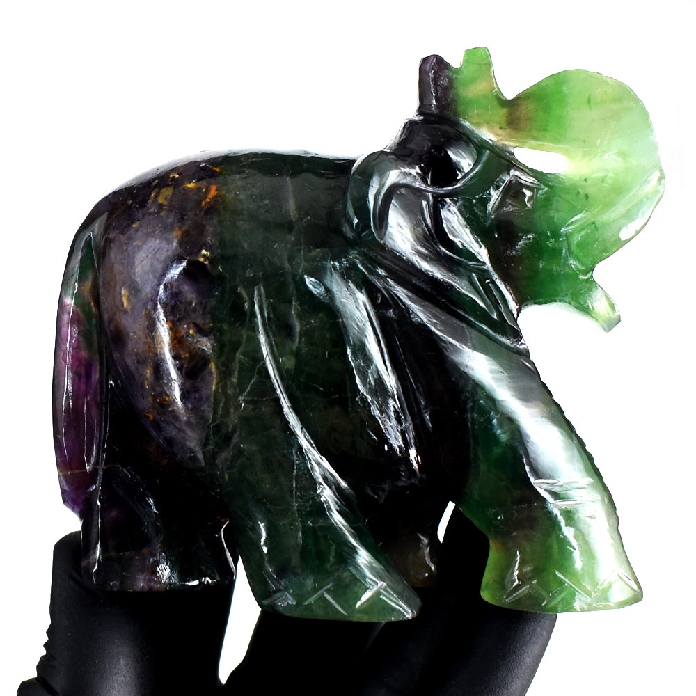 Exclusive 2144.00 Cts Genuine Multicolor Fluorite Hand  Carved Gemstone Elephant Crystal Carving