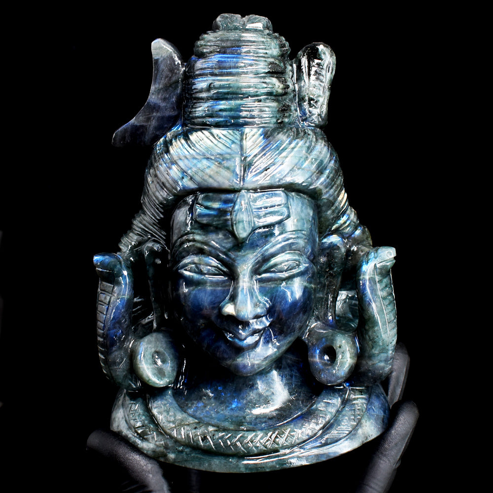 Gorgeous 5860.00 Cts Genuine Blue Flash Labradorite Hand Carved Crystal Gemstone Shiva Head Carving