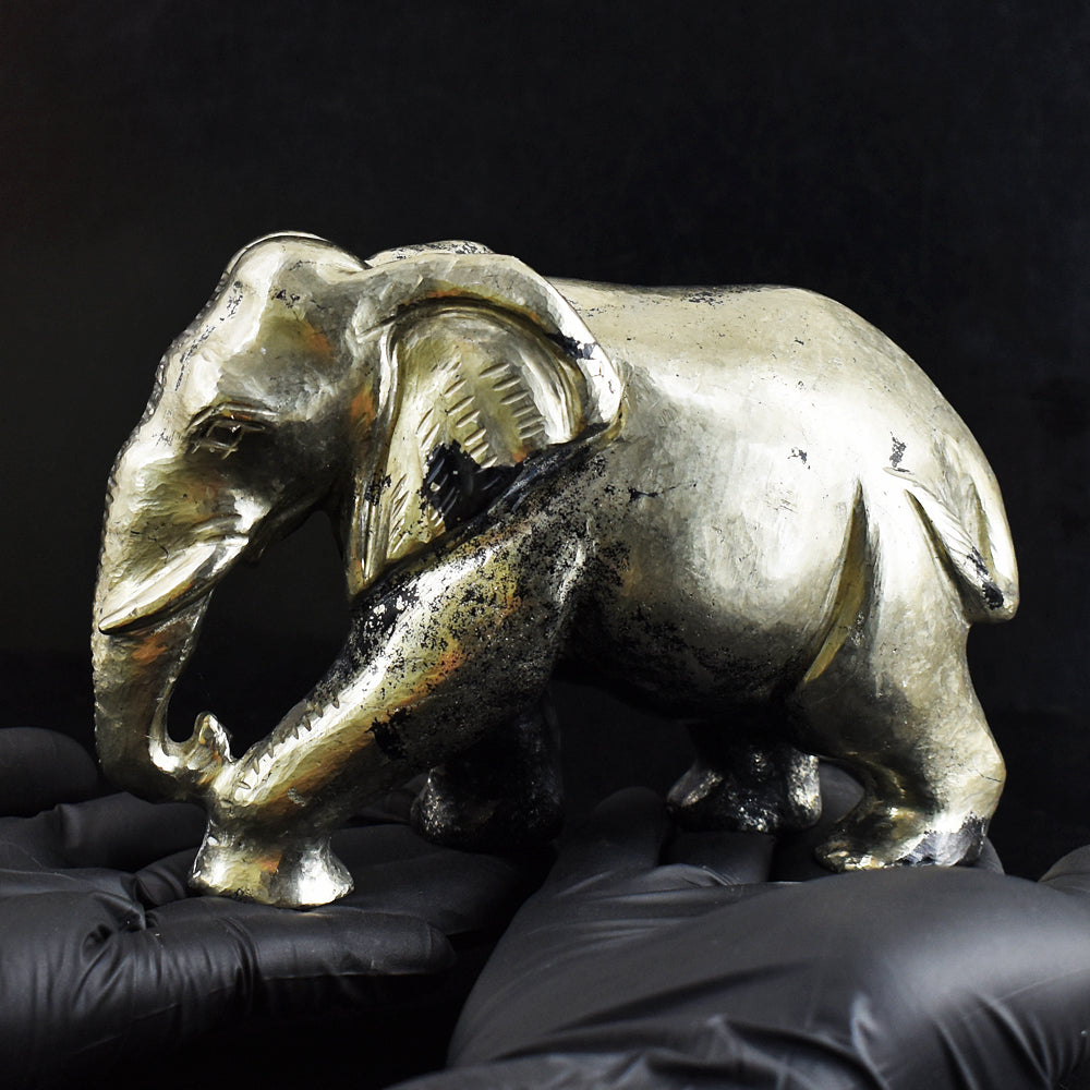 Genuine 6580.00 Cts Golden Pyrite Hand Carved Crystal Elephant Gemstone Carving