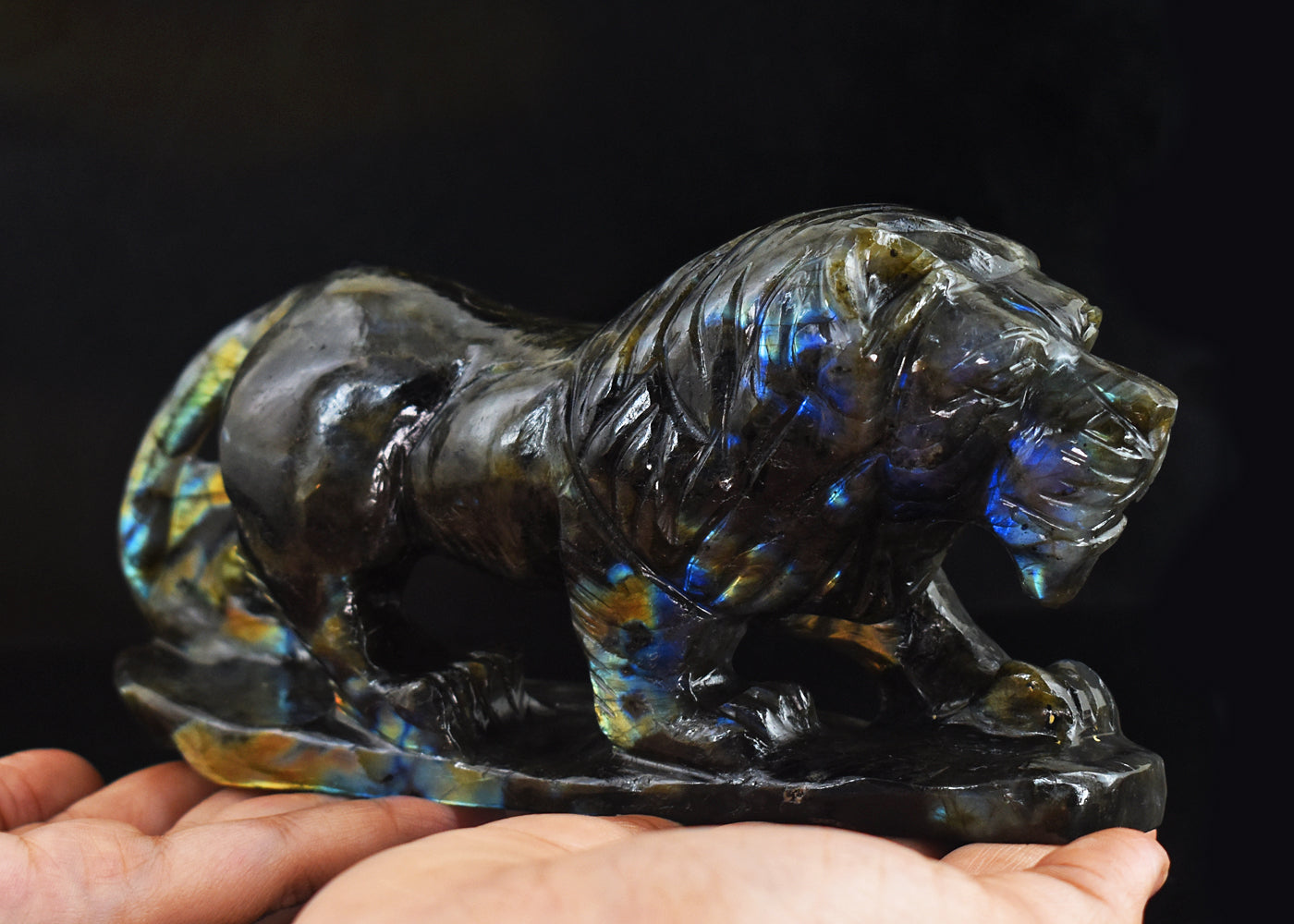 Golden & Blue Flash Labradorite 4963.00 Cts Genuine Hand Carved  Crystal Gemstone Lion Carving