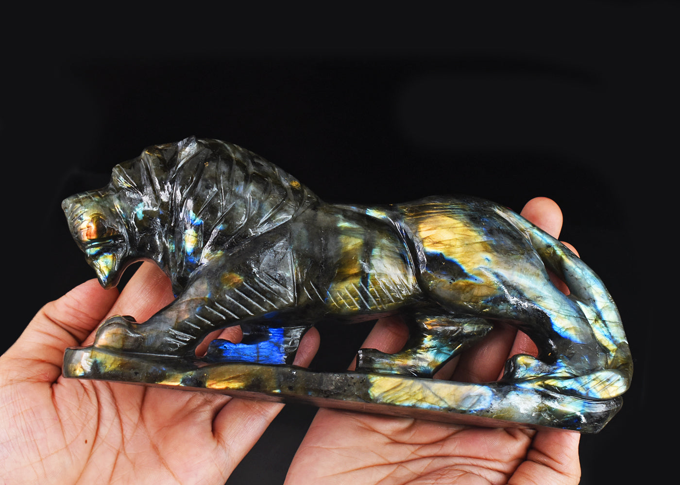 Golden & Blue Flash Labradorite 4963.00 Cts Genuine Hand Carved  Crystal Gemstone Lion Carving