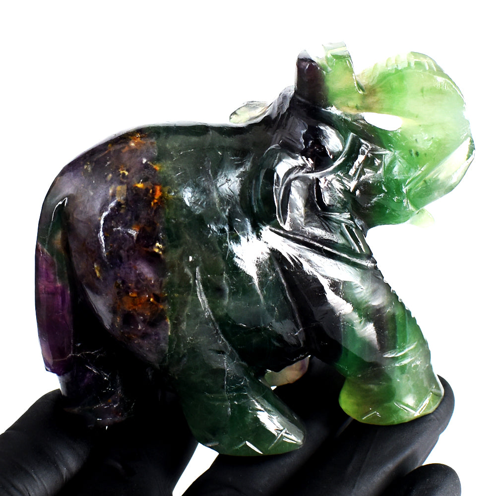 Exclusive 2144.00 Cts Genuine Multicolor Fluorite Hand  Carved Gemstone Elephant Crystal Carving