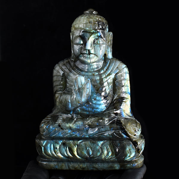 Amazing 2485.00 Cts Genuine Blue & Golden Flash Labradorite Hand Carved Buddha Gemstone Carving